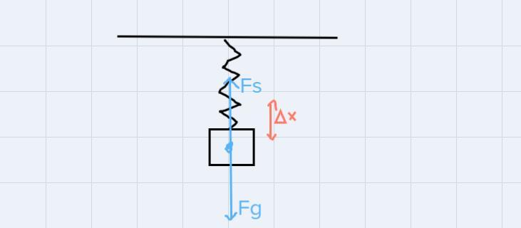 A 0.1 kg mass hangs vertically in equilibrium. In this position, the spring is extended 0.05 m beyond
