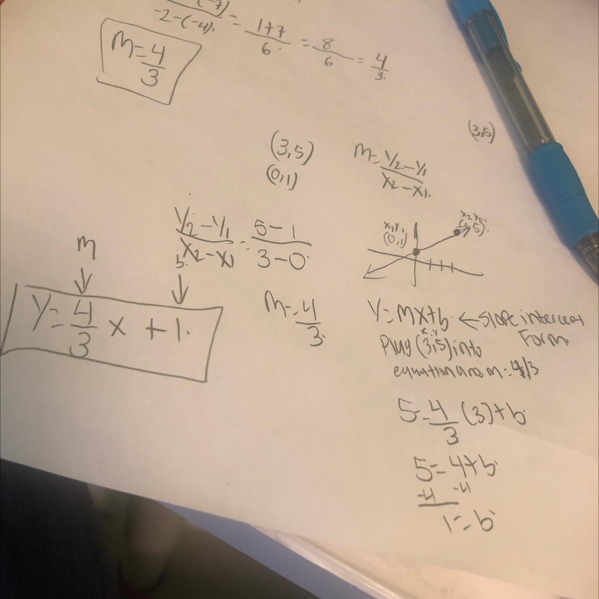 Write an equation in slope-intercept form (3,5) (0,1)