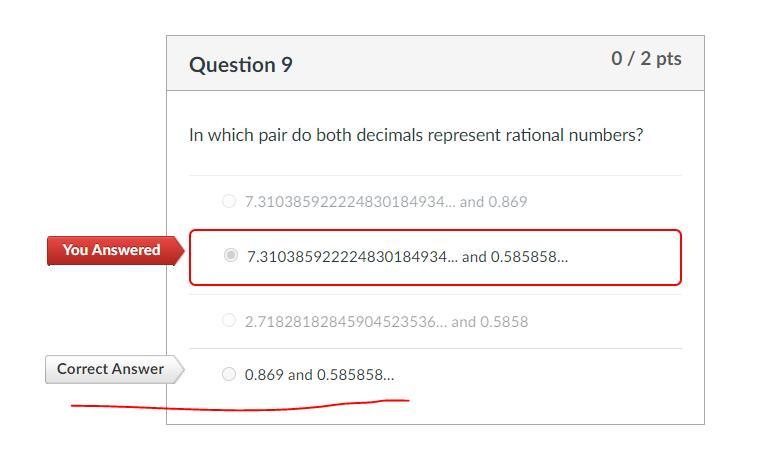 In which pair do both decimals represent rational numbers? A. 0.869 and 0.585858 B. 7.310385922224830184934...