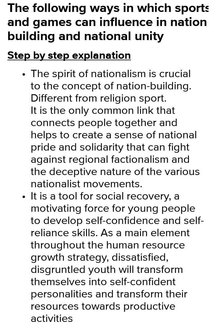 briefly explain Five ways in which the influence of sport and games can lead to nation building and national