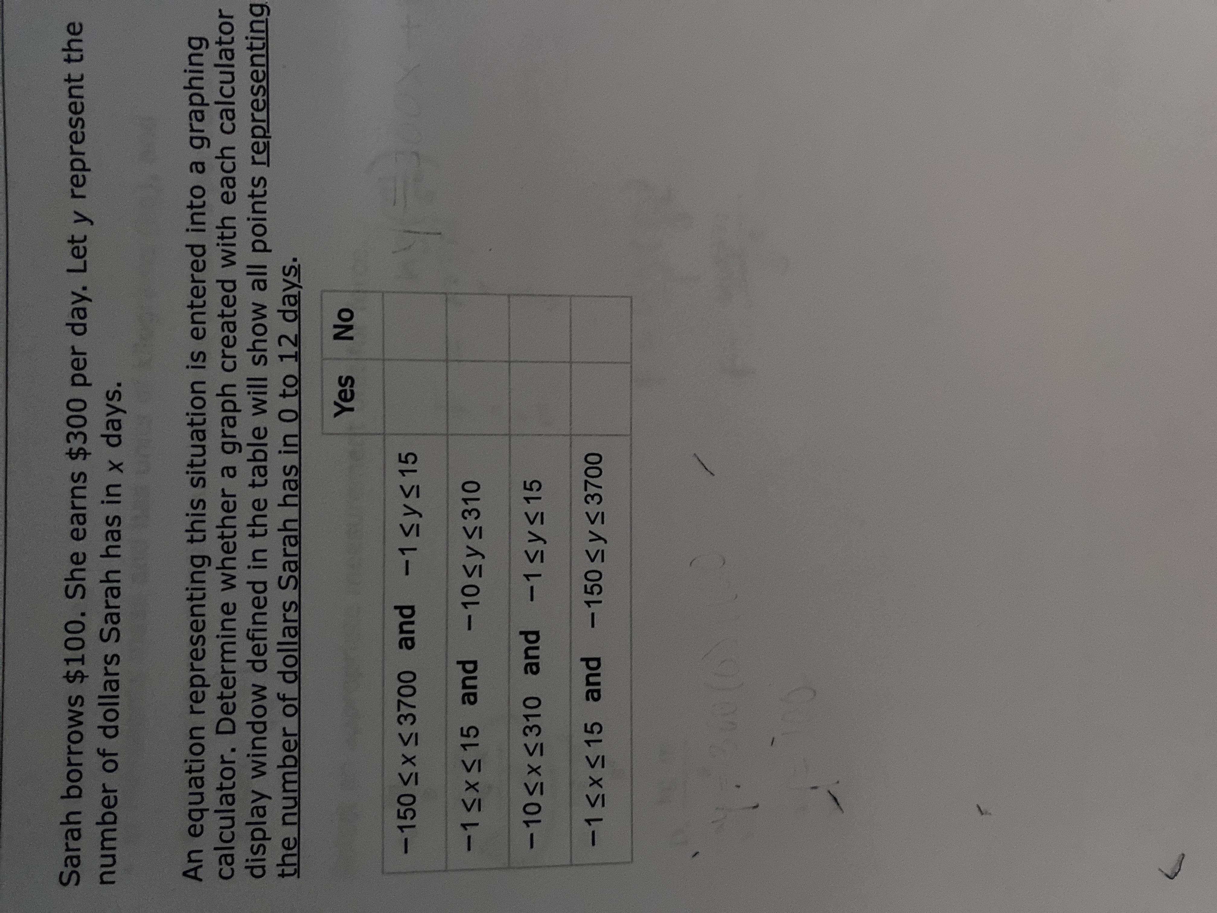 Sarah borrows $100. she earns $ 300 per day. Let y represent the number of dollars Sarah has in X days.