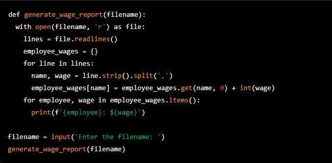 write a program that inputs a filename from the user and prints to the terminal a report of the wages