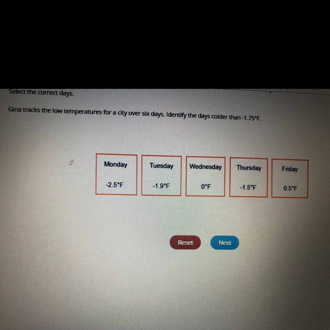 Select the correct days. Gina tracks the low temperatures for a city over six days. Identify the days