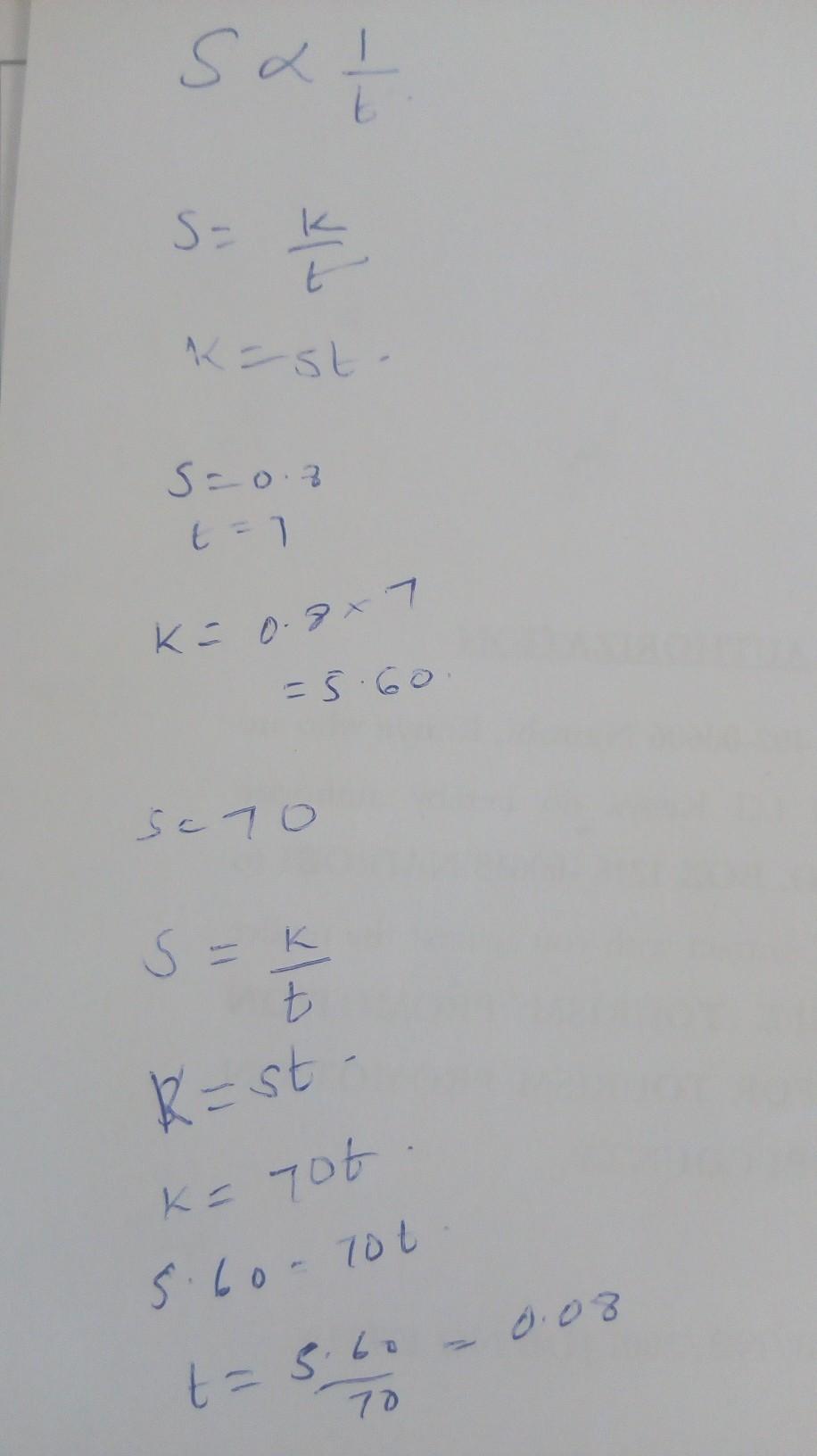 Esis inversely proportional to t.When s = 0.8, t = 7Work out t when s = 70