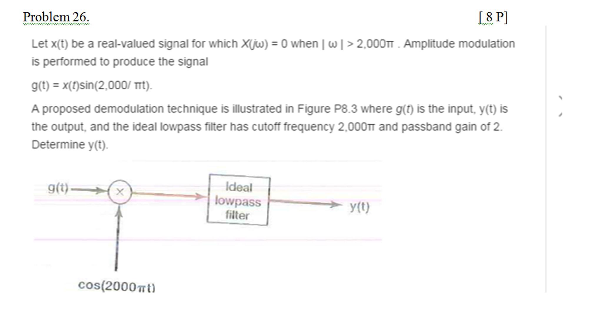 Let be a real-valued signal for which when . Amplitude modulation is preformed to produce the signal