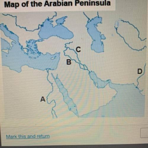 The tigris river is identified by which letter on the the map shows physical features in and around the