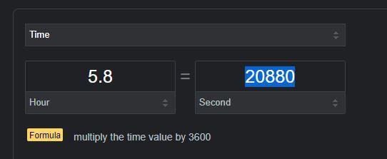 An engine runs for 5.8 hours. How many seconds did it run?