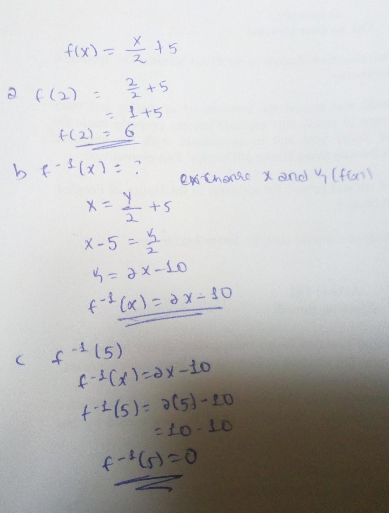 Given that f(x) = x/2 +5,a) Find f(2)b) Find f^-1(x)c) Find f^-1(5)