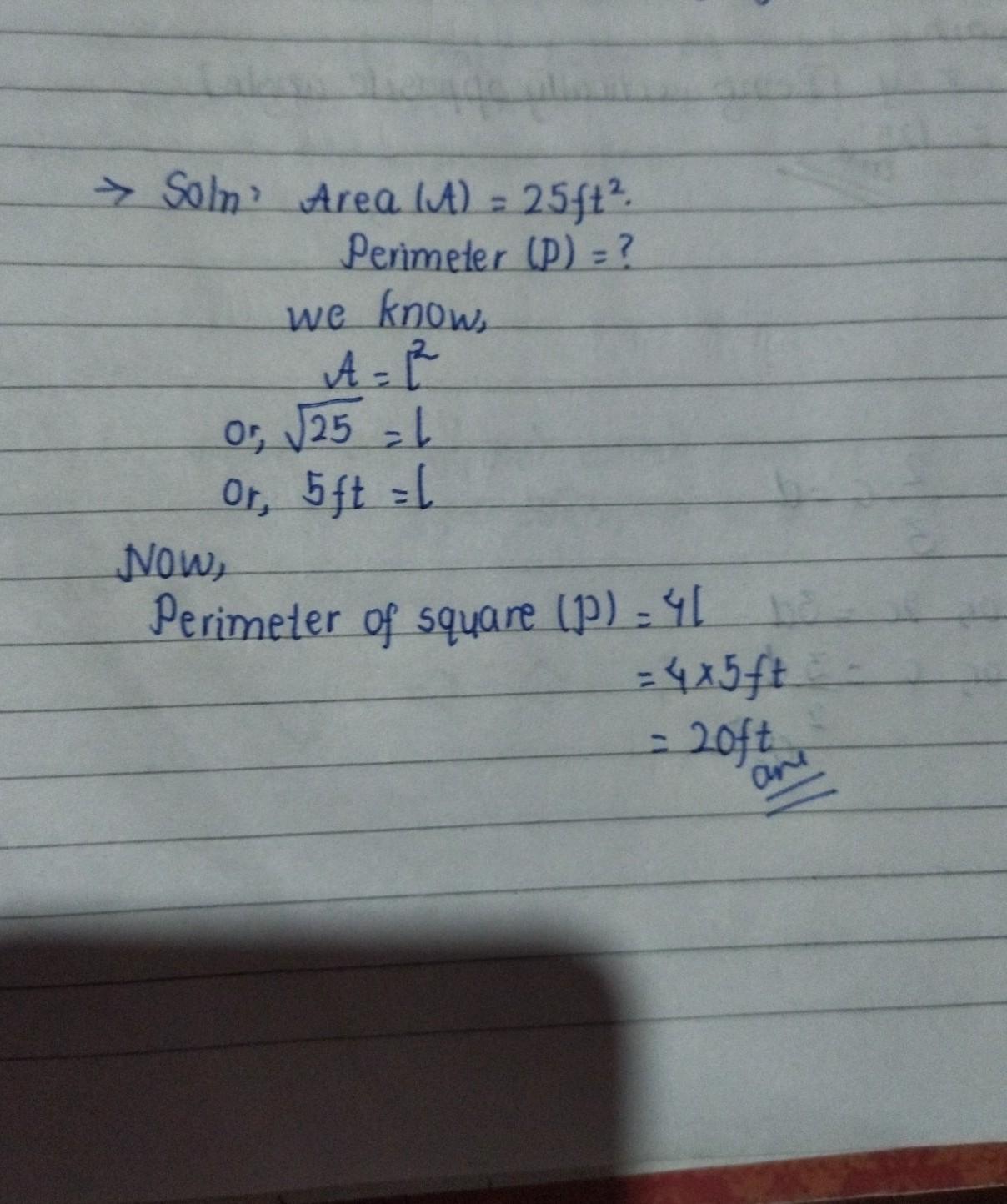 Given the area of each square, find the perimeter. Area = 25 square feet