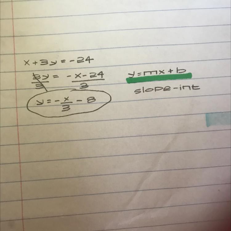 a Put the following equation of a line into slope-intercept form, simplifying all fractions. x + 3y =