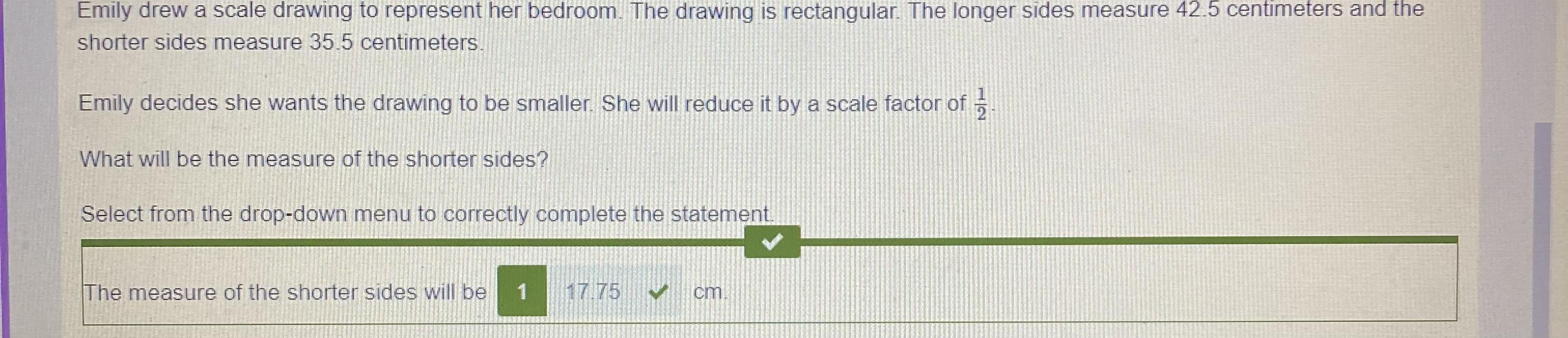Emily Drew A Scale Drawing To Represent Her Bedroom. The Drawing Is Rectangular. The Longer Sides Measure