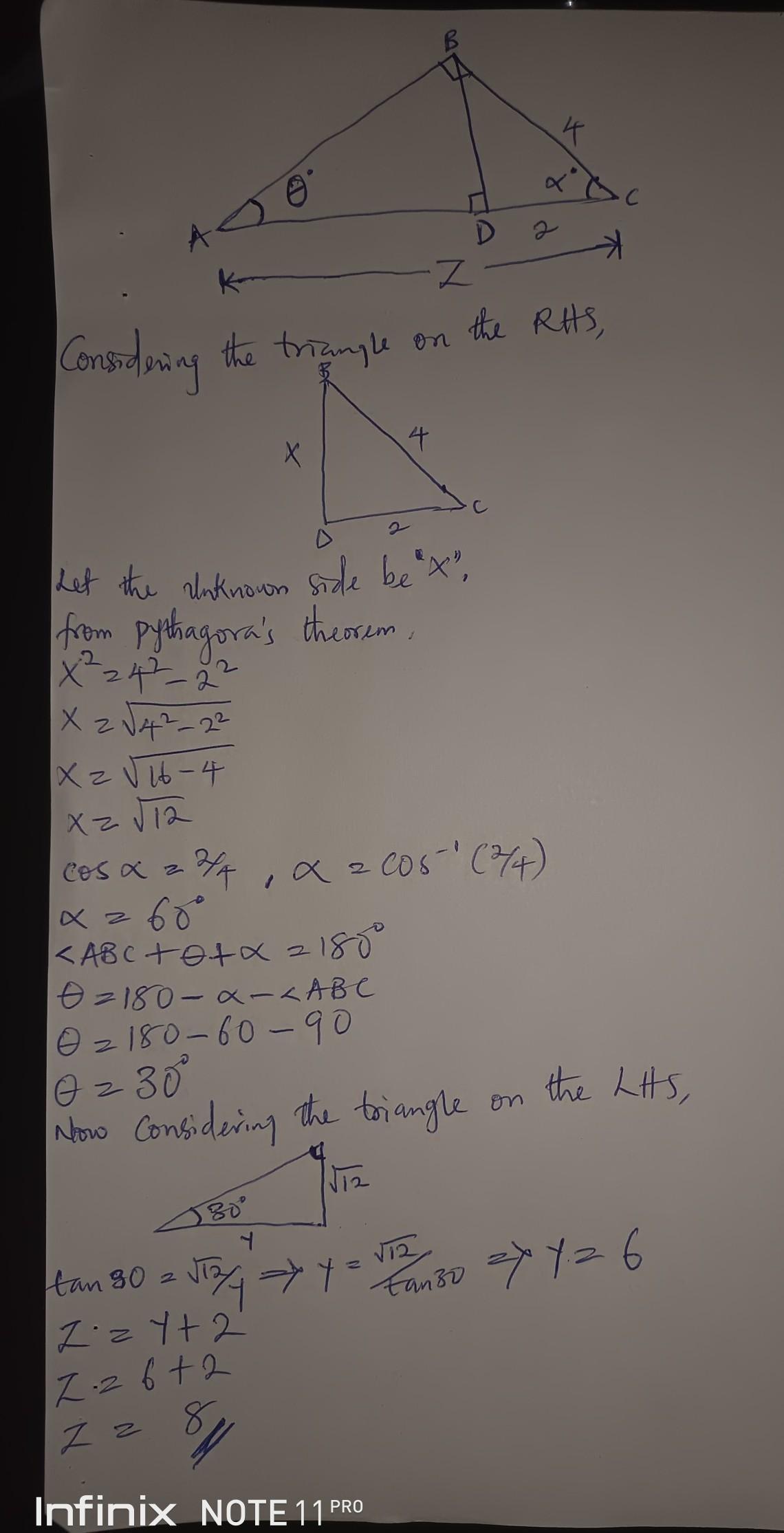 In the figure below, find the exact value of z. (Do not approximate your answer.)