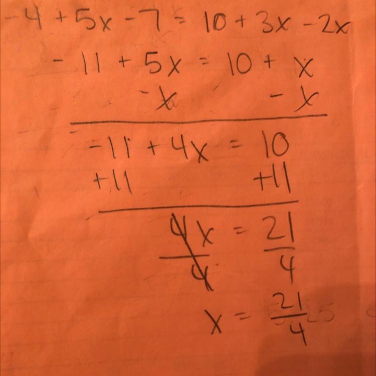 50 POINTSSelect the correct answer.What is the solution for x in the equation?-4 + 5x 7 = 10 + 3x 2x[tex]x=\frac{13}{4}