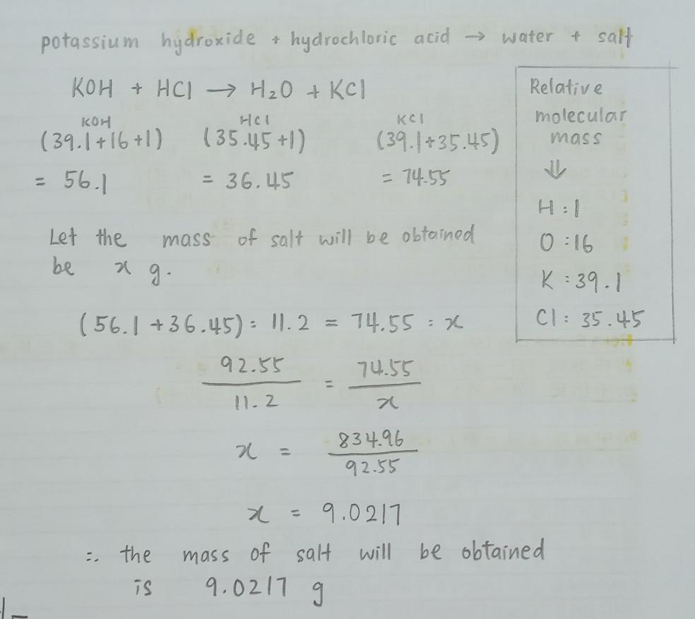 How Much Salt Will Be Obtained, Neutralizing 11.2 Grams. Potassium Hydroxide And Hydrochloric Acid? In