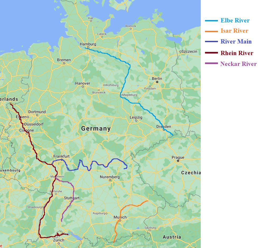 5. Locate the following rivers, and trace their course in blue: Neckar