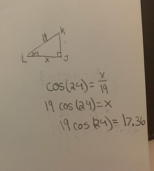 The angle of elevation from L to K measures 24. If KL = 19, find JL. Round your answer to the nearest