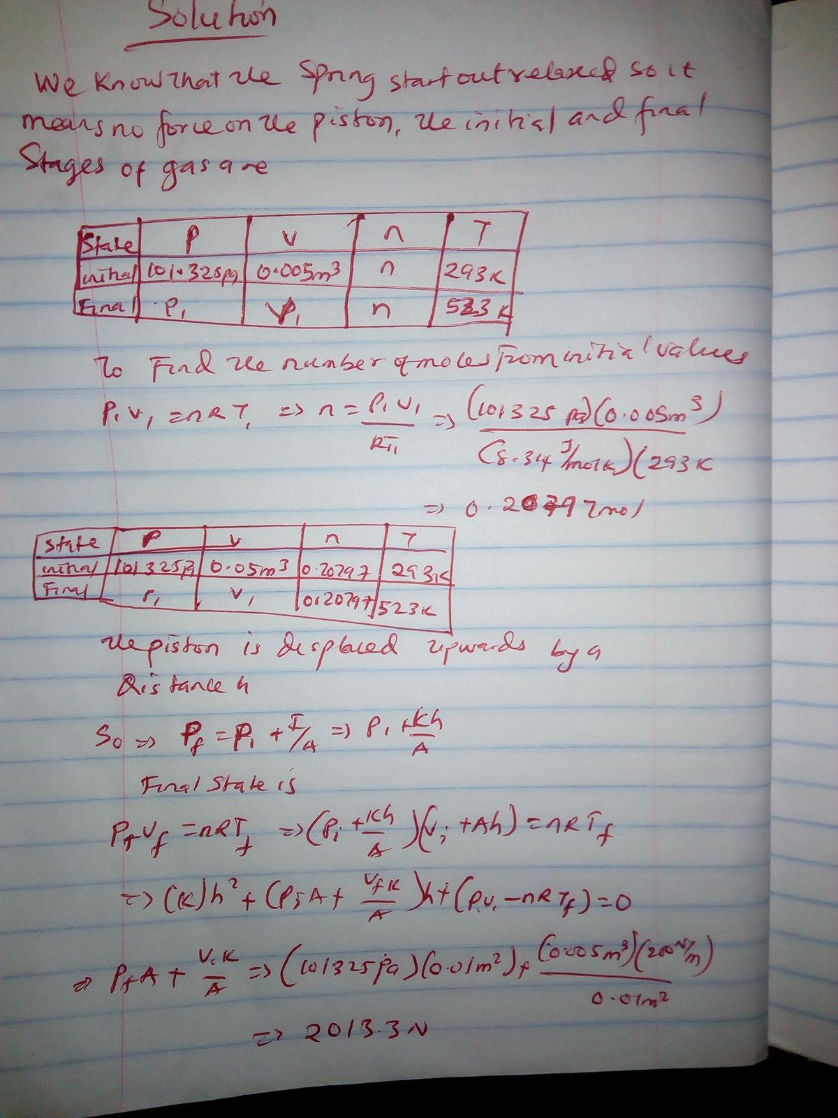 A cylinder is closed by a piston connected to a spring of constant 2.20 10^3 N/m. With the spring relaxed,