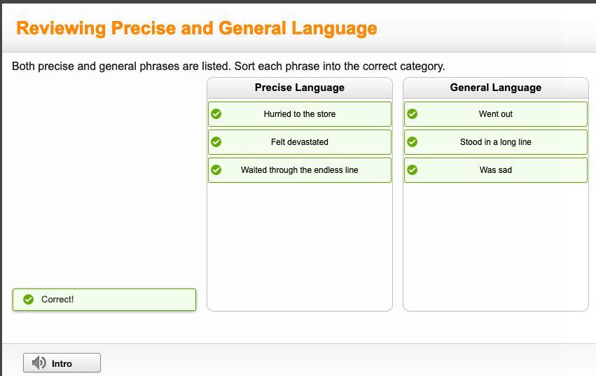 Both Precise And General Phrases Are Listed. Sort Each Phrase Into The Correct Category. Either Precise