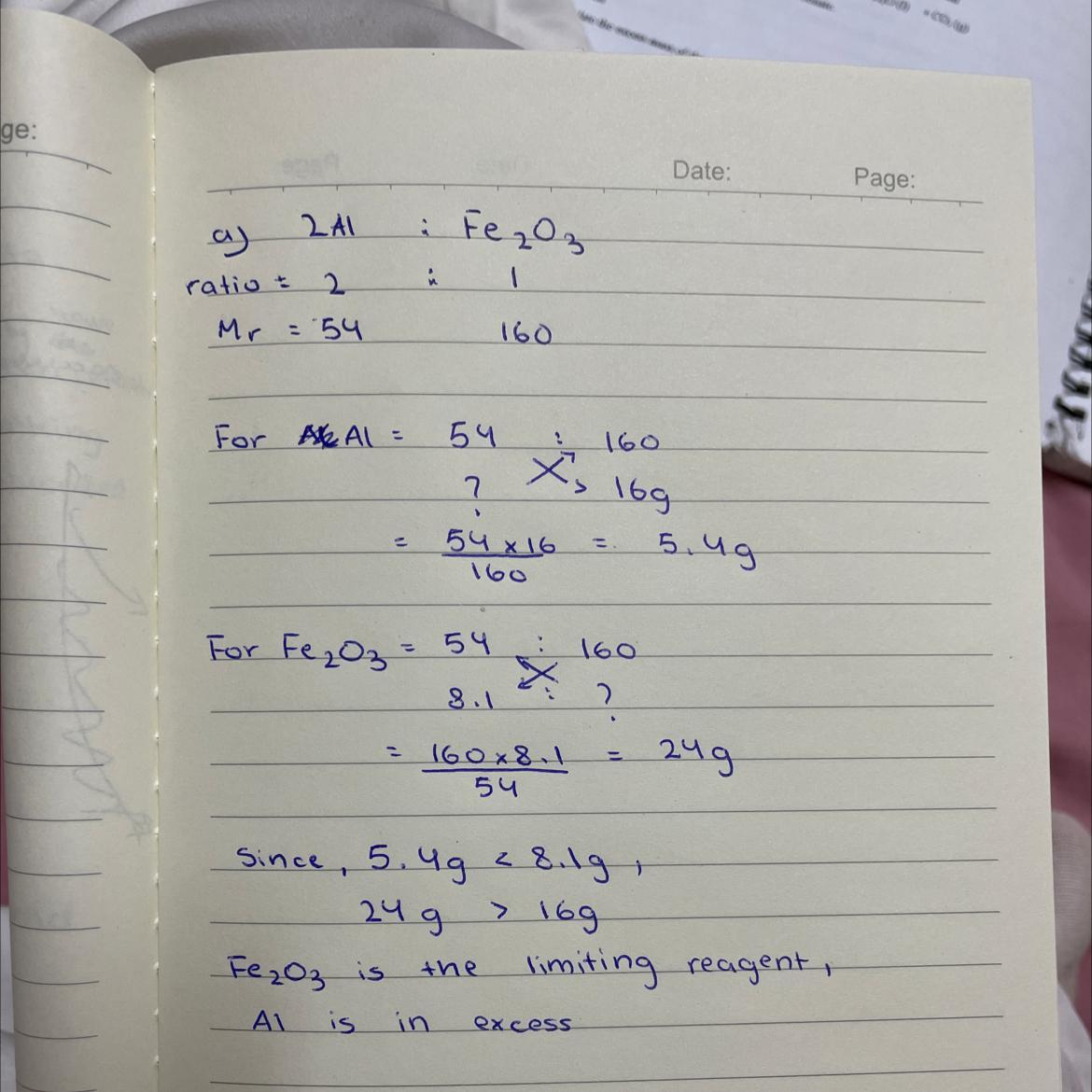 The Thermite reaction reacts iron (III) oxide, Fe2O3 with aluminium powder, Al, to form aluminium oxide,