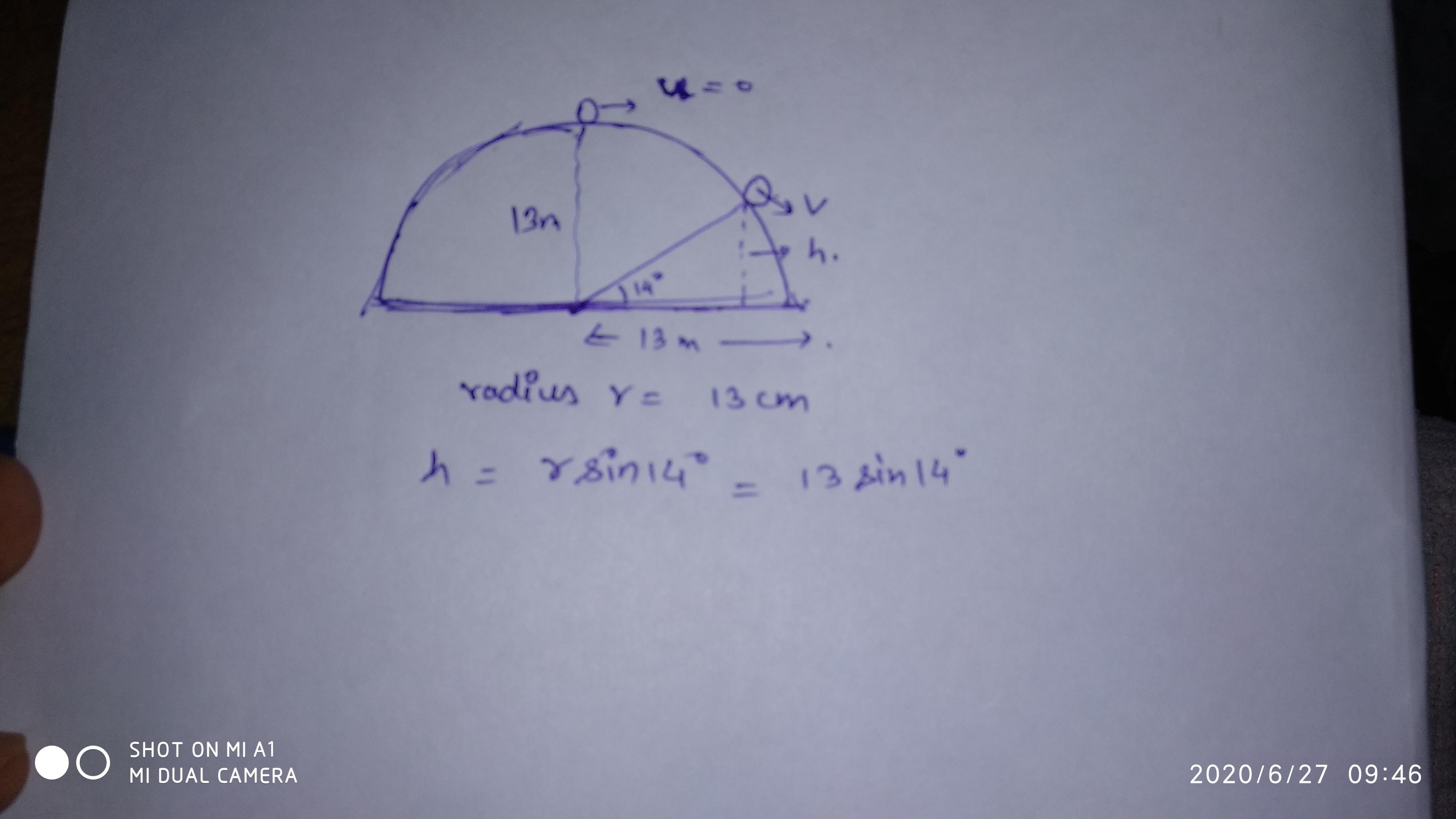 You are on a sled at the top of a hemispherical, snowy hill of radius 13 m. You begin to slide down the