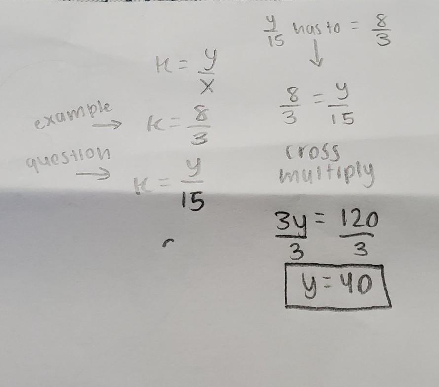 If y varies directly as x, and y=8 when x=3, find y when x=15.