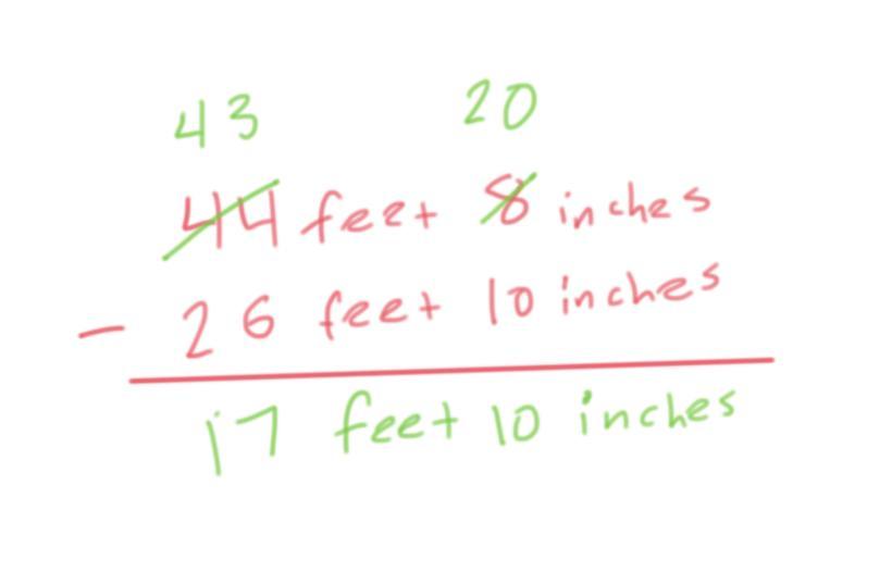 If 26 feet 10 inches is cut from a wire that is 44 feet 8 inches long what is the length of wire that