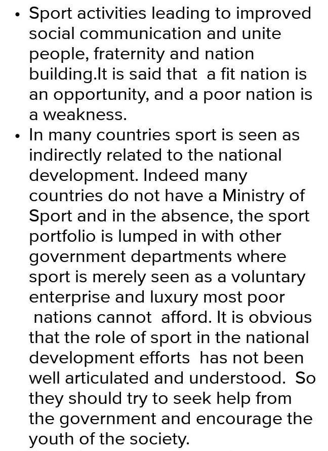 briefly explain Five ways in which the influence of sport and games can lead to nation building and national