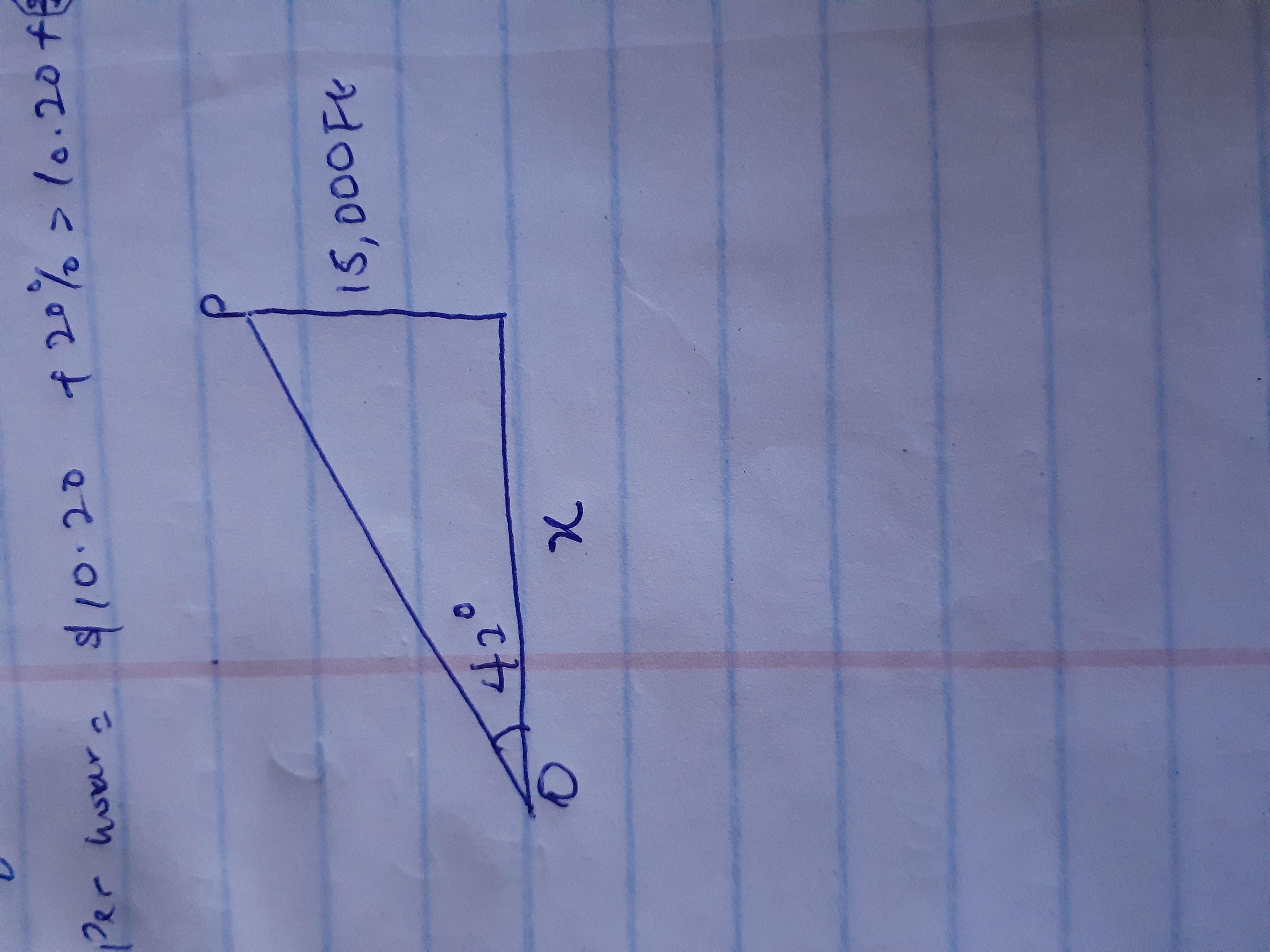 An observer (O) spots a plane flying at a 42 angle to his horizontal line of sight. If the plane is flying