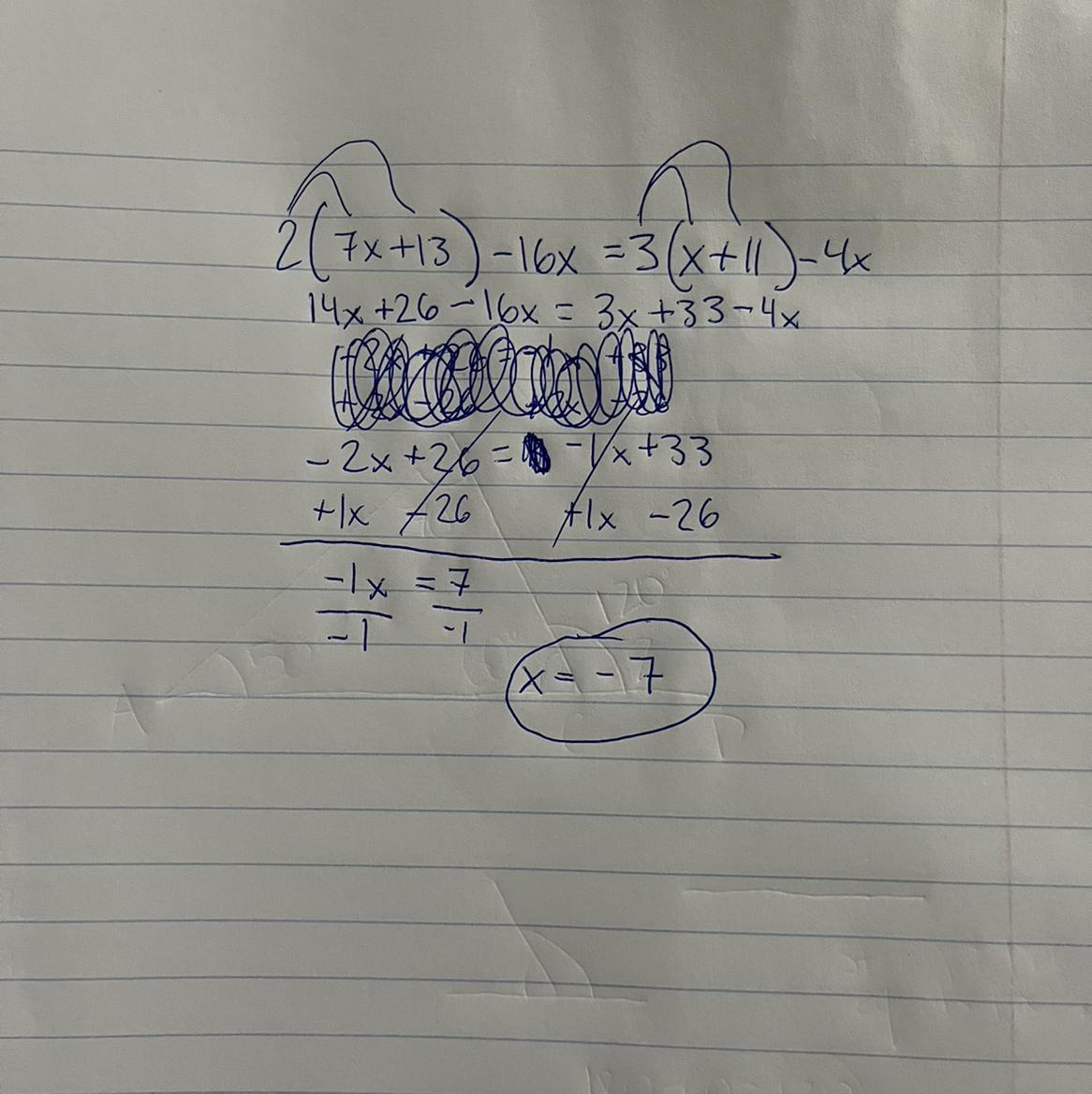 2(7x + 13) - 16x = 3(x + 11) - 4x