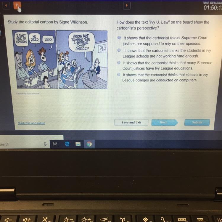 How does the text ""Ivy U. Law"" on the board show the cartoonists perspective? Study the editorial cartoon