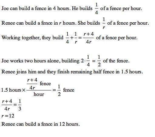 Joe And Renee Are Building A Fence. Joe Can Build The Fence Alone In 4 Hours. If Renee Stars Helping