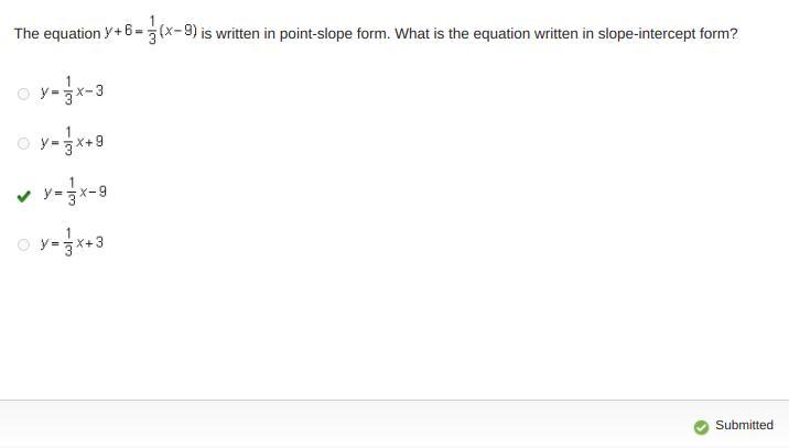 The equation y + 6 = one-third (X minus 9) is written in point-slope form. What is the equation written