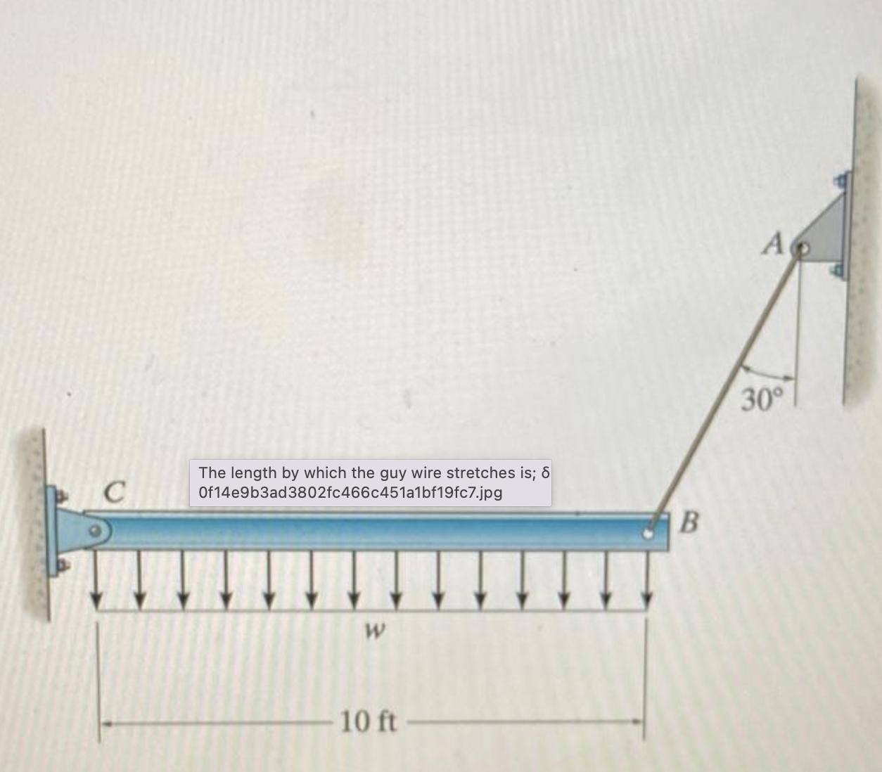 The rigid beam is supported by a pin at CC and an A36A36 steel guy wire AB.AB. If the wire has a diameter