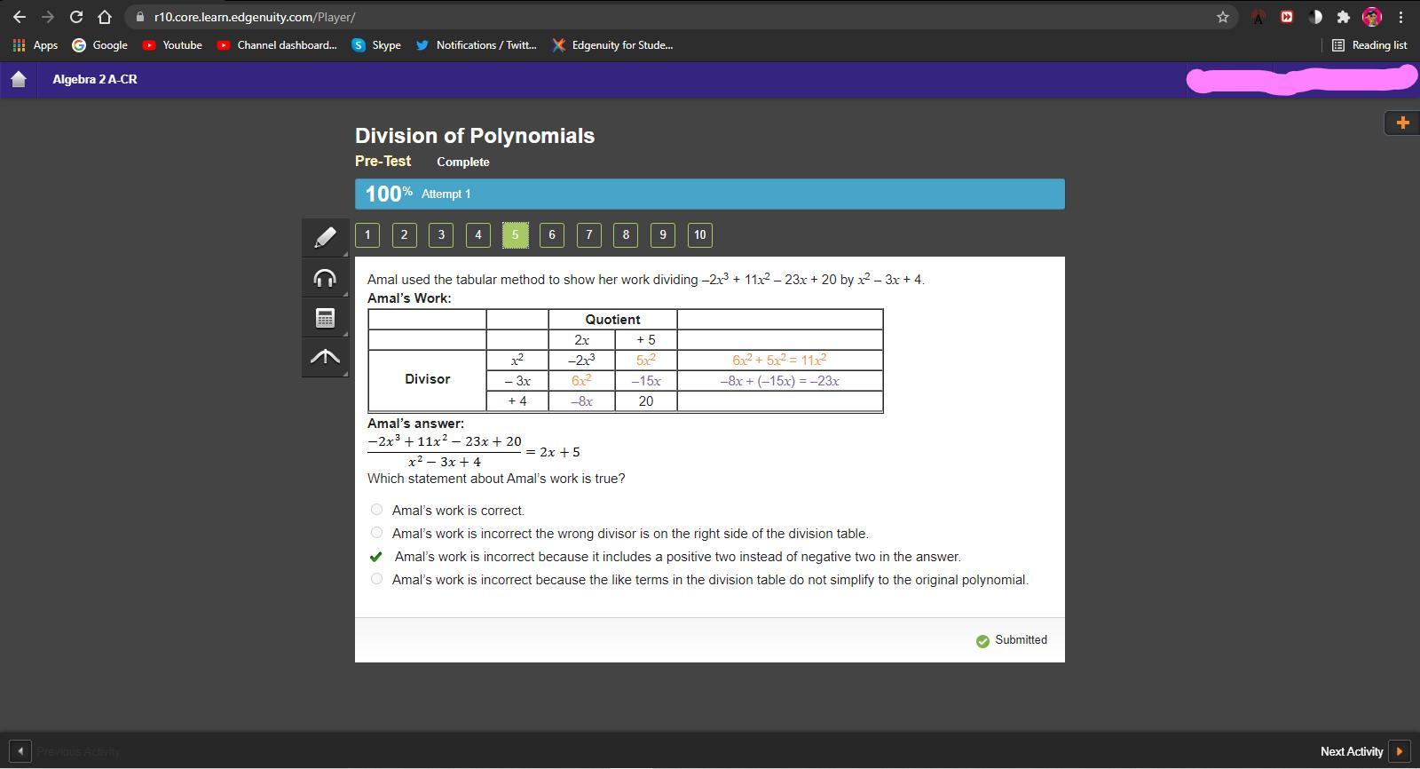 Amal used the tabular method to show her work dividing 2x3 + 11x2 23x + 20 by x2 3x + 4.