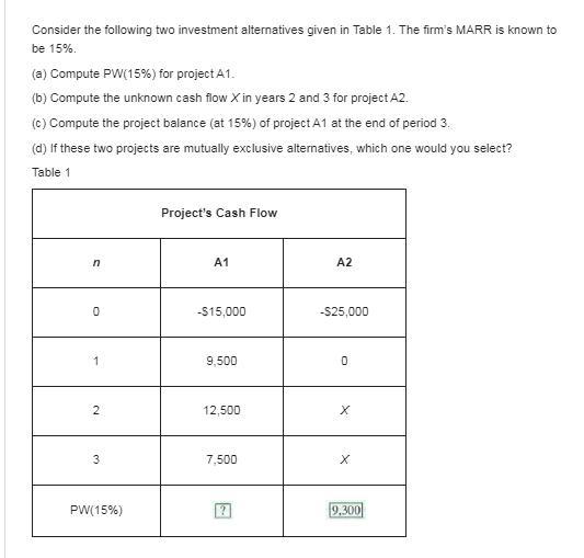Compute PW(15%) for project A1. Compute the unknown cash flow X in years 2 and 3 for project A2. Compute