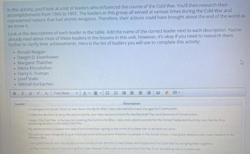 In this activity, youll look at a list of leaders who influenced the course of the Cold War. Youll then