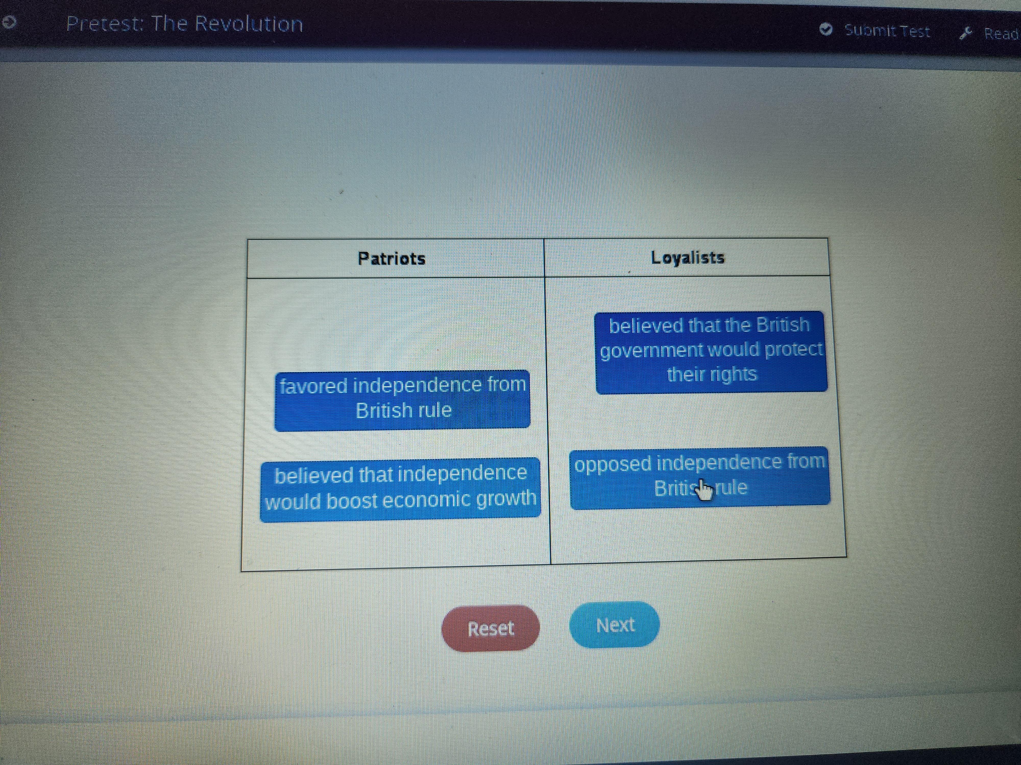Drag each tile to the correct category.Determine whether the following descriptions describe Patriots