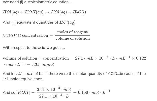 An aqueous solution of potassium hydroxide is standardized by titration with a 0.167 M solution of nitric