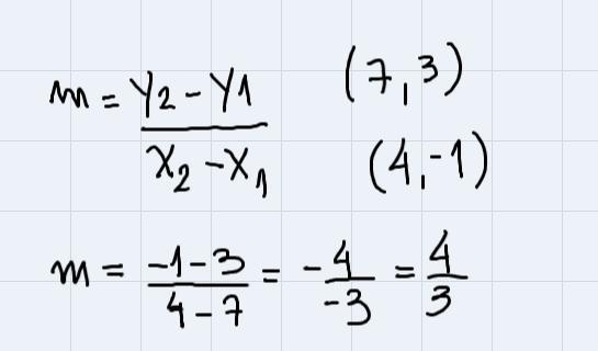 Find the slope of line segment AB given points A(4, -1) and B(7,3).