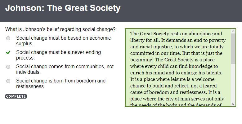What is Johnsons belief regarding social change? Social change must be based on economic surplus. Social