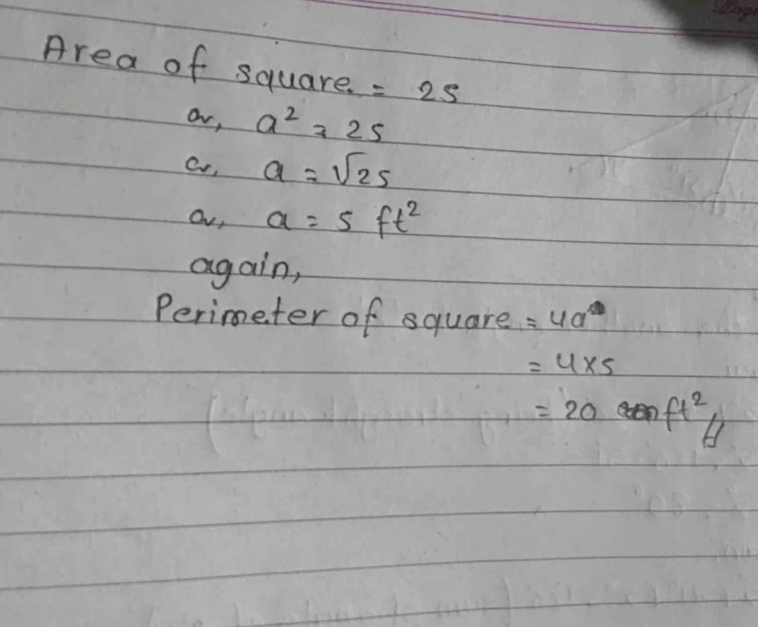 Given the area of each square, find the perimeter. Area = 25 square feet