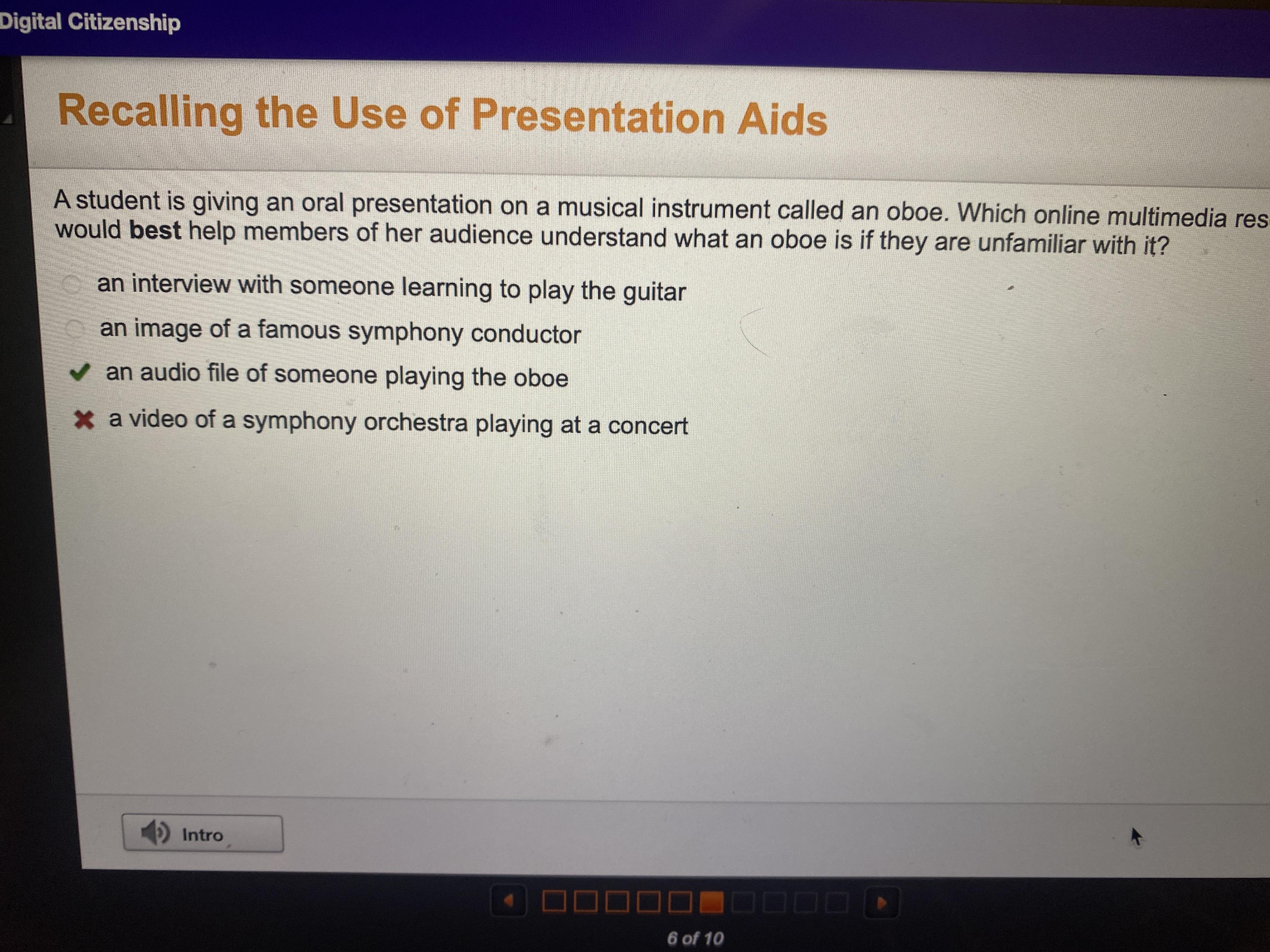 A student is giving an oral presentation on a musical instrument called an oboe. Which online multimedia