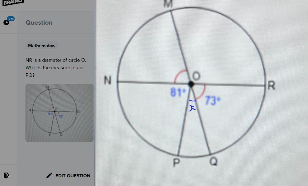 NR Is A Diameter Of Circle O. What Is The Measure Of Arc PQ? 