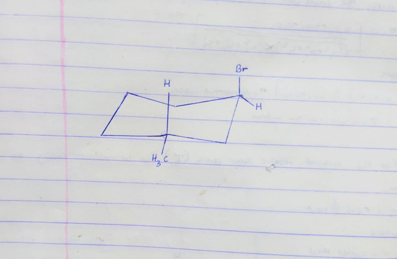 Complete a chair conformation of trans-1-bromo-3-methylcyclohexane by placing the hydrogen, bromine,
