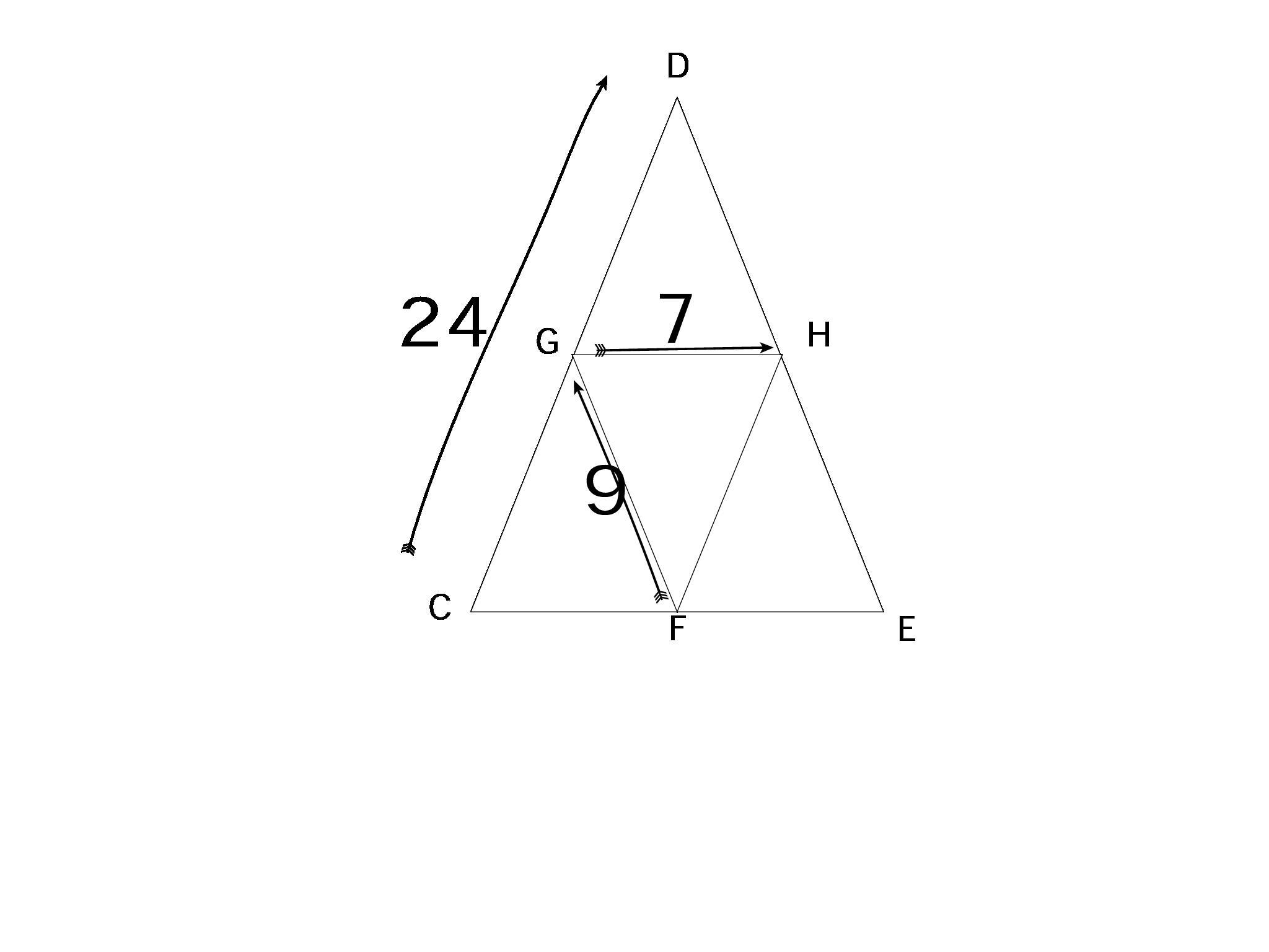 If F,G and H are midpoints of the sides of triangleCDE, FG=9, GH=7, and CD=24, find each measure