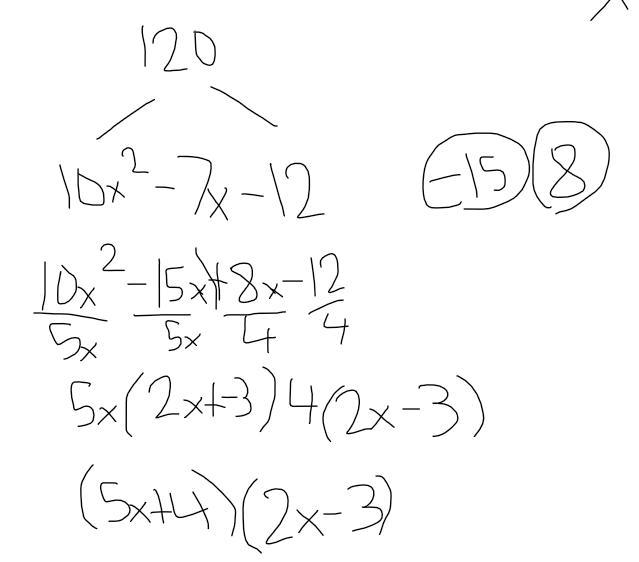 Factor this polynomial expression 10x^2-7x-12