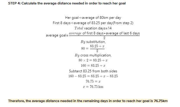 Alice wants to go on a bike vacation for 14 days.Her goal isto cover an average distance of 80km per