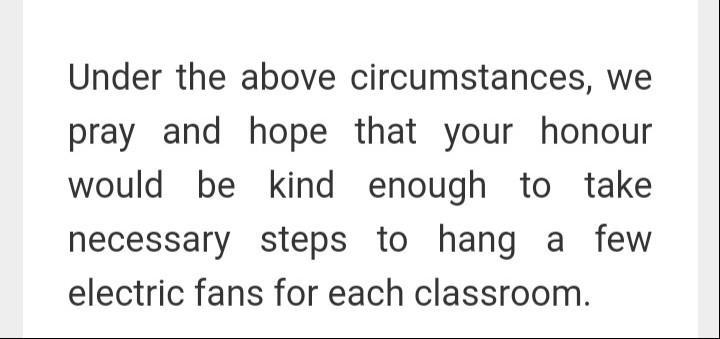 write a application to the principal for hanging same electric fan in classroom