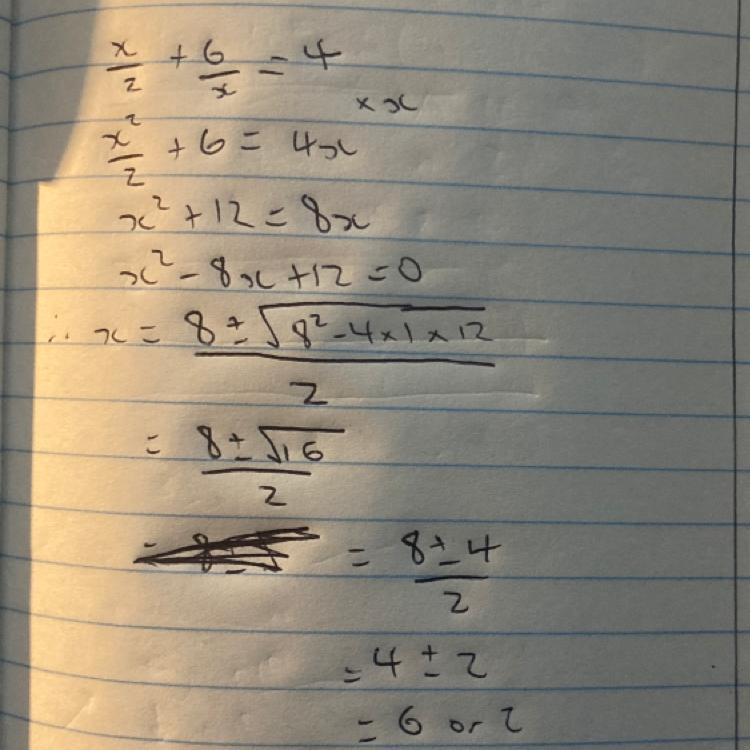 [tex] \frac{x}{2} + \frac{6}{x } = 4[/tex]using quadratic equation....help me if you can