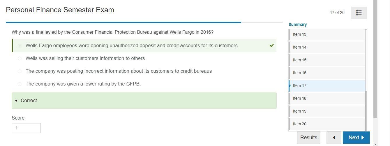 17. Why was a fine levied by the Consumer Financial Protection Bureau against Wells Fargo in 2016?O Wells